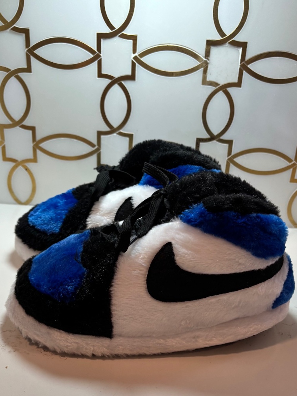 Nike Air Jordan Youth Jumbo Faux Fur Slip-On Slippers Blue Black White Sz 36-46